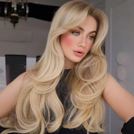 Golden Blonde Long Wavy Highlight Brown Layered Wig with Curtain Bangs for Black Women,Synthetic Light Brown Layered Wig Long Wavy Blonde Shaggy for Women 24inch(27H613)