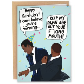 Sleazy Greetings Funny Birthday Card Meme For Him Her Men Women | Keep My Age Out Your Mouth Slap | Will Smith Slaps Chris Rock Happy Birthday Card