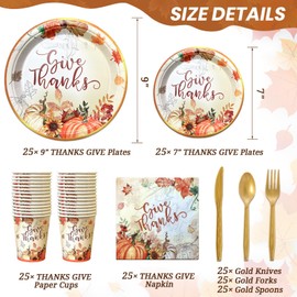 LFSTGN 175 PCS Thanksgiving Plates and Napkins Sets Includes Dinner Paper Plates Dessert Plates Napkins Cups Plastic Knives Forks Spoons Disposable Dinnerware Set With Maple Leaves Pumpkin(25 Guest)