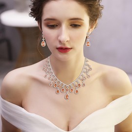 Clearine Gorgeous Wedding Cubic Zirconia Jewellery Set for Women Bridal Bridesmaid, Teadrop Leaf Cluster Statement Necklace Dangle Earrings Set for Prom Party Brown Silver-Tone