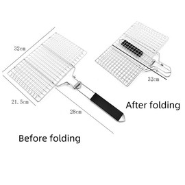 Fish Grilling Basket, Stainless Steel BBQ Grill Basket, Folding Portable Grill Basket with Removable Handle for Grilling Fishes, Vegetables, Shrimp with Basting Brush and Storage Bag