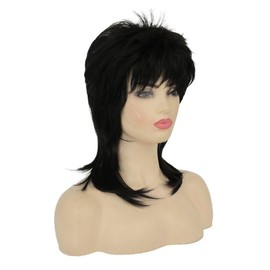 Siudus Black Mullet Wigs for Women 80s Shoulder Length Wig Layered Natural 70s Synthetic Fibre Hair Wig with Bangs for Cosplay Disco Rocker Wig