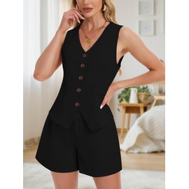 Simlakey Women's Summer 2 Piece Outfits Dressy Vest and Shorts Set V Neck Button Down Sleeveless Business Casual Matching Set(Black,M)