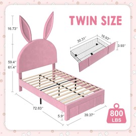 VECELO Twin Upholstered Bed Frame with Storage Drawer, Platform Bed Frame with Adjustable Rabbit Headboard, Heavy Duty Wood Slats Support, No Box Spring Needed, Pink