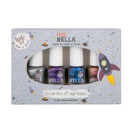 MISS NELLA SPACE COLLECTION Metallic Nail Polish for kids, set of 4 varnishes: silver, bronze, purple & blue, Peel- Off varnish for toddlers