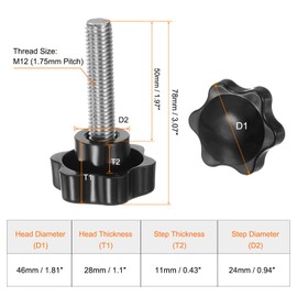 QUARKZMAN Pack of 4 Knurled Screws with Star Handle M12 x 50 mm x 46 mm Star Grip Screw Plastic Knob Stainless Steel 304 Threaded Bolts Clamping Screw Star Grip Nut Clamping Knob for Machine