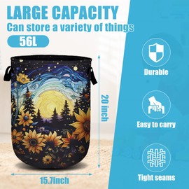 Starry Sky Sunflower Laundry Basket, Moon Flower Laundry Hamper Collapsible Oxford Cloth with Handle Clothes Toy Storage Bin for Bathroom Laundry Room Bedroom 15.7 X 20 Inch