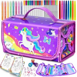 56 PIEZAS Juego de Marcadores Lavables con Aroma y Purpurina Estuche de Lápices, Artes y Manualidades de Sirenas y Unicornios para niños de 4-6-8 años Kits de Dibujo y Colorear para niñas de 4-8 años