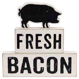 Hearthside Fresh Bacon w/ Pig Set of 3 Wood Blocks Shelf Sitter Distressed Farmhouse Rustic Country