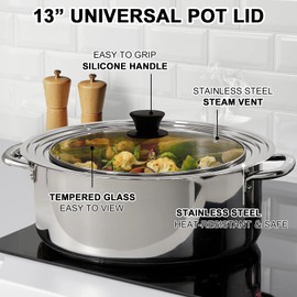 13 Inch Large Universal Pan Lid, Stainless Steel Pots Lid Fit 11, 12,13 Inch Pots and Pans, Heat Resistant Stainless Steel and Tempered Glass Lid, 13 In Frying Pans Lid
