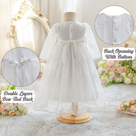 Booulfi Baptismal Gown for Baby Girl Floral Embroidered White Tulle Christening Dresses for Baby Girl Long-Sleeved Baby Girl Dresses 3-6 Months
