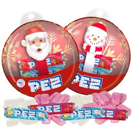 Needzo Christmas Santa Claus Candy Dispenser Ornament, Assorted Flavor Refill Candies, Holiday Gift Set Stocking Stuffer for Boys or Girls, Pack of 2 (PEZ round ornaments)