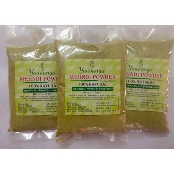Yauvanya Original Indian Pure and Natural Henna (Mehndi) for Hair - 300 gms (3 Packets of 100 gms each)
