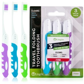 Lingito Travel Toothbrush, Portable Toothbrush Built in Cover, Travel Size Toothbrush Hiking, Camping, Traveling, Folding Toothbrushes, Collapsible Multi Color Travel Toothbrush Kit (3 Pack Firm-Multicolor)