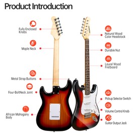 MOSEN 39in Full Size Beginner Electric Guitar Starter Kit, Beginner Starter, with Amplifier, SSS Pickups, Gig Bag, Pick, Tunner, Capo, Cable, Tremolo Bar, Wiping cloth - Sunburst