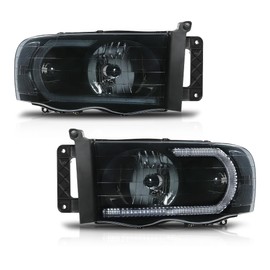 CROSSDESIGN Headlights Assembly Front Headlamp Compatible with Dodge Ram 1500 2002-2005/ Fit Dodge Ram 2500 3500 2003-2005 Smoke Lens Black Housing Clear Reflector
