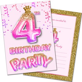 Olivia Samuel 20 Pack of 4th Birthday Invitations with Envelopes – Pink and Gold Glitter Effect – Ready to Write – Designed and Printed in the UK