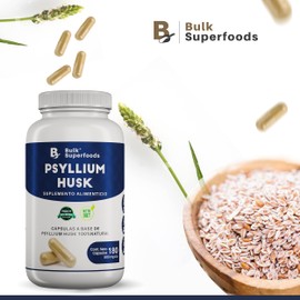 BULK SUPERFOODS | Psyllium Husk 100% Natural | 180 Cápsulas – 500 mg c/u – Sin Gluten y Apto Dieta Keto | Suplementos Alimenticios a Base de Psyllium Husk