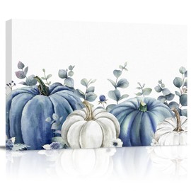 Thanksgiving Canvas Wall Art - Fall Thanksgiving Blue White Pumpkin Watercolor Botanical Eucalyptus Leaves - Wall Decor Gallery Canvas Wraps Giclee Print Stretched and Framed Ready to Hang - 12" x 16"