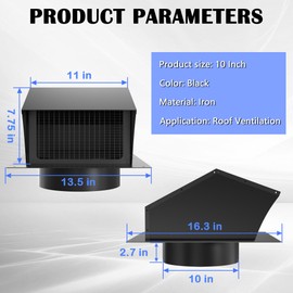 Roof Vent Cap 10 Inch Removable Rooftop Black Exhaust Iron Vent Cap with Damper for Ventilation System