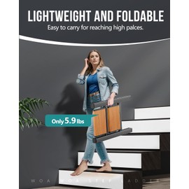 WOA WOA Step Ladder, Widening Pedals for Extra Balance, Lightweight Step Stool, Easy to Move Around, Foldable Ladder, Space Saving, Anti-Slip Stepladder 300 lbs Capacity (2 Step, Black & Wood Grain)