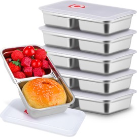 Teenyyou 6 Pcs Stainless Steel Snack Containers 30 oz 2-compartment Meal Prep Containers Reusable Metal Divided Bento Box with Silicone Lids Leakproof Lunch Box Dishwasher Safe (White)