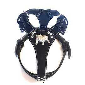 M&D Beautiful Black Leather Dog Harness with English Bulldog Head Motif (Silver Fittings)