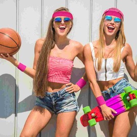 12-Piece Neon Sweatband Set and 4 Fluorescent Colour Hair Bands, 80s Sweatband Wrist/Forehead Sweatband Retro Party Accessories for Men and Women 4 Colours Pink Red Blue Orange