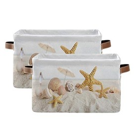 SEULIFE Summer Ocean Sea Beach Seashell Starfish Foldable Storage Basket, Large Collapsible Organizer Storage Bin Cube Toys Storage Boxes with Handles for Bathroom Kids Nursery Closet Storage, 2 Pack