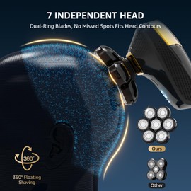 VITALY Head Shavers for Bald Men, 9800RPM High Speed No Tug Blad Head Shavers for Men with Travel Lock 7 Individual Floating Head IPX7 Waterproof Rechargable 5-in-1 Grooming Kit for Leg Face Scalp