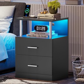 VIAGDO Black Nightstand with Charging Station and USB Ports, LED Night Stand with 2 Drawers, Modern End Side Tables with Open Storage, Bedside Tables for Bedroom, Office