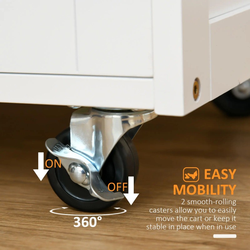 White Wooden Rolling Kitchen Cart with Storage Drawer 9-Bottle Wine