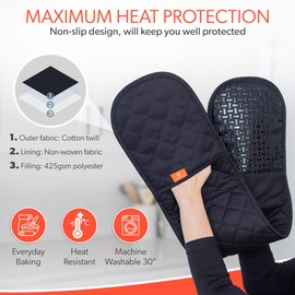 Black Oven Gloves Heat Resistant by Kiyotsu: Premium, Double Quilted Protection for Your Kitchen
