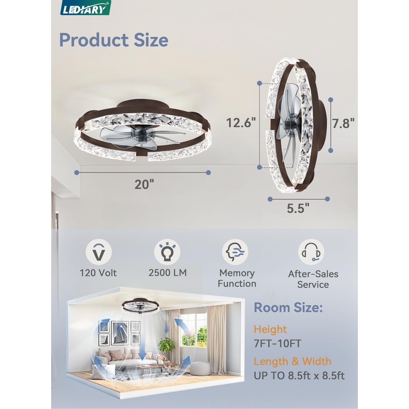LEDIARY 20 Inch Low Profile Ceiling Fans with Lights and