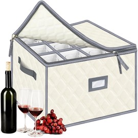 VERONLY Christmas Stemware Storage Cases with Dividers- Holds 12 Wine Glass Storage or Crystal Glassware Containers, China Storage Containers with 2 Handles and Label Window -Set of 1 Beige