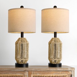 OYEARS 21" Boho Table Lamps Set of 2 for Living Room, Bedside Lamps for Nightstand, Rattan Lamp for Bedroom, Farmhouse Table Lamps for Boho Decor, End Table, Retro, Black
