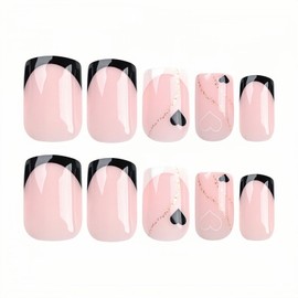 BFY Valentines Day Press on Nails Short Square Fake Nails, White Black French Heart Gold Glitter Lines Acrylic Nails Set Stick Glue on Nails, Glossy False Nails Nail Accessories Decorations 24 Pcs