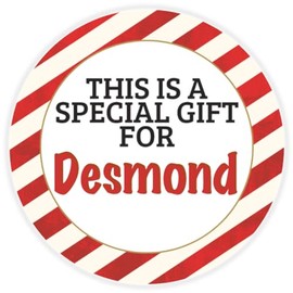 This is a Gift for Desmond - 10 Pack Circle Stickers 3 Inch - Candy Cane Merry Christmas Gift Tag Present Tree Holiday Custom Name Santa Claus