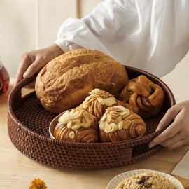JUNGLE CULTURE Large Rattan Serving Tray 14" in Brown • Round Table Basket • Wicker Ottoman Trays with Handles for Coffee Table, Bed Side or Couch • Flat Circle Woven Tray • Boho Farmhouse Decor