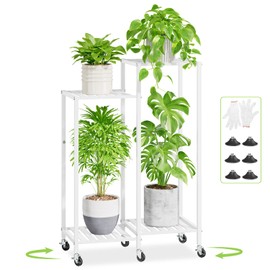 iDavosic.ly 4 Tier Plant Stand Indoor with Wheels, Metal Tiered Corner Flower Holder Shelf Outdoor for Large Pots, Tall Rolling Rack for Patio Porch Garden Balcony Living Room, White
