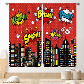 Superhero City Curtains for Boys Kids Teens, Red Spider Web Cityscape Buildings Cartoon Comic Blackout Window Curtains for Baby Room Bedroom Living Nursery 2 Panel Sets, 52"x84" Inch