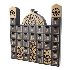 Ramadan Advent Calendar, Wooden Countdown Advent Calendar with LED Light and Drawers Mosque Shaped Refillable Desktop Organizer for Muslim Festivities and Ramadan Party Supplies