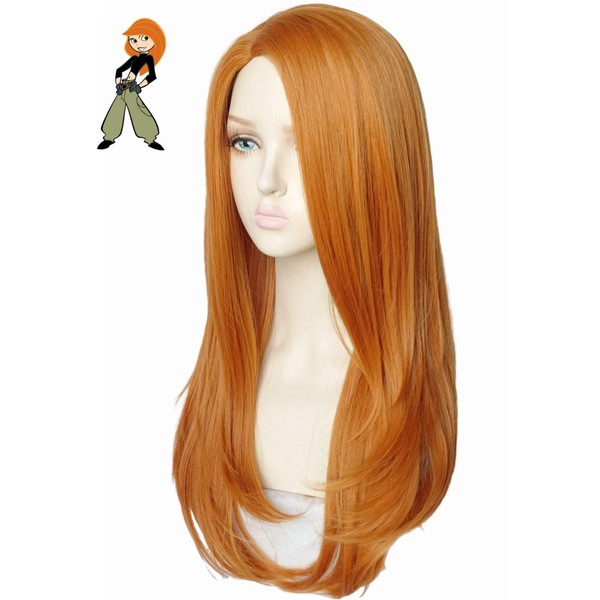 Long straight ginger yellow for costume women heat resistant fiber side part 28inches halloween costume wig for women