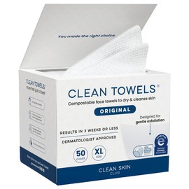 Clean Skin Club Clean Towels XL®, 100% USDA Biobased Face Towel, Disposable Face Towelette, Eczema Association Accepted, Makeup Remover Dry Wipes, Ultra Soft, 1 Pack, 50 Ct