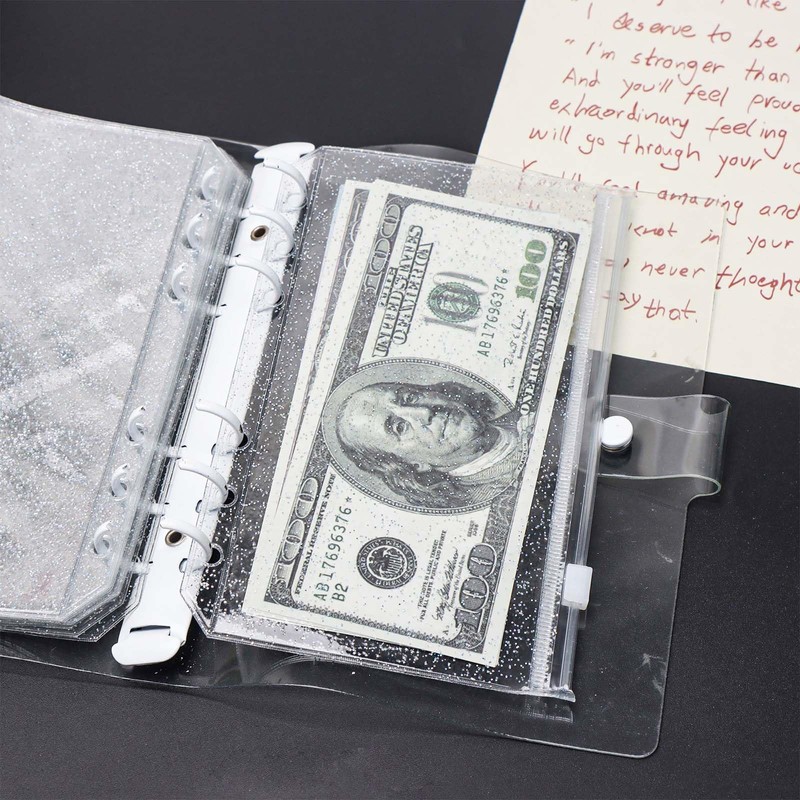 XiowDow 10pcs A6 Binder Pockets Clear Glitter Cash Stuffing Envelopes