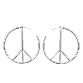 Peace Sign Symbol Geometric Stud Earrings Jewelry Minimalist Big Round Hoop Statement Earrings for Women (Silver)
