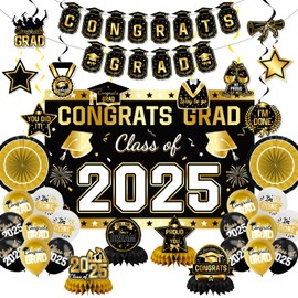 2025 Graduation Party Decorations Banner, Backdrop, Balloons, Hanging Swirl, Hanging Round Paper Fans and Graduation Honeycomb For Graduation Party (Gold)