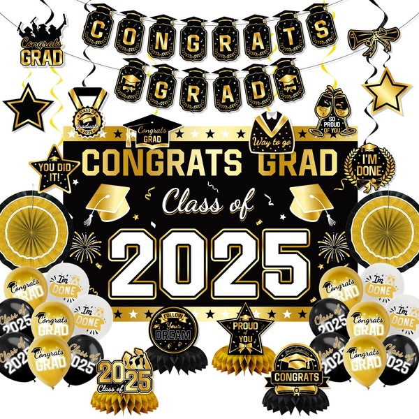 2025 Graduation Party Decorations Banner, Backdrop, Balloons, Hanging Swirl, Hanging