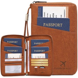 Porta Pasaporte de Cuero PU con Bloqueo RFID y Gran Capacidad (Marrón)