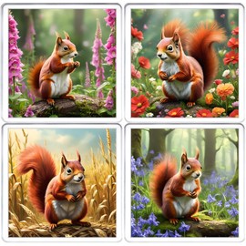 Red Squirrel Coaster Set. 4 different Squirrel Pictures on 10cm x 10cm Acrylic Coasters. Boxed Coaster Drip Mat Set. Squirrel Gift Coaster Set